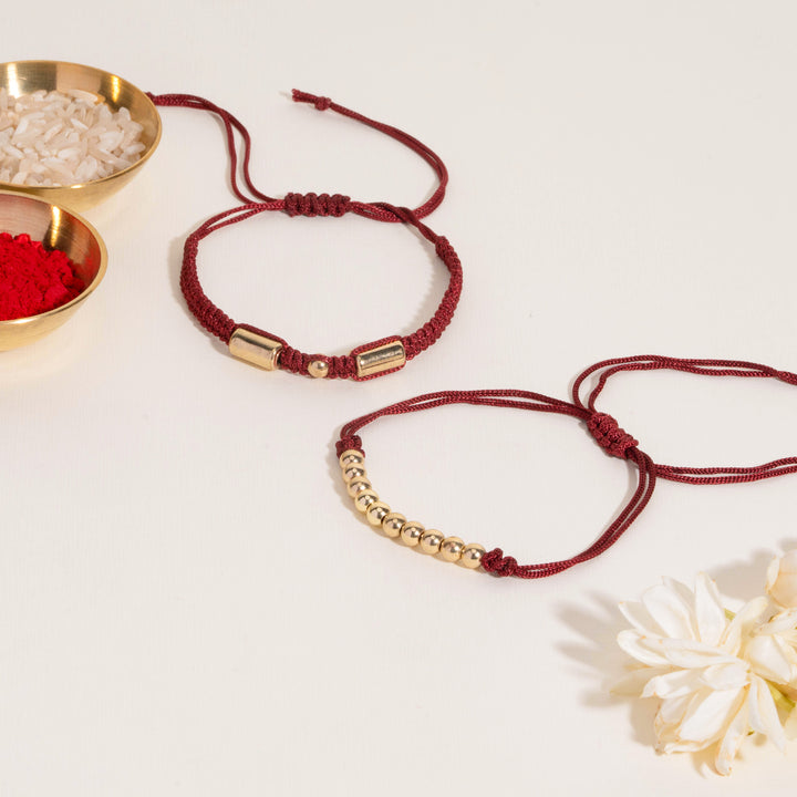 Suvarna Bandhan Golden Beads &amp; Red Thread Rakhi for Bhaiya and Bhabhi
