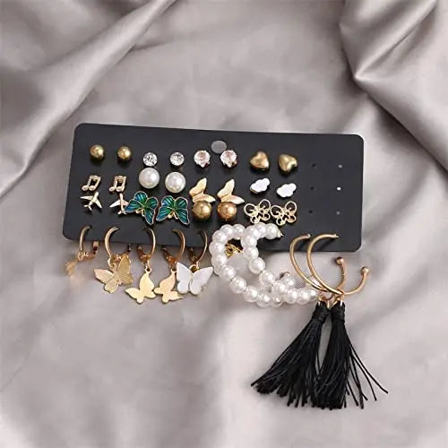Set of 17 Bohemian Long Tassel Drop Statement Earrings and Studs - Salty Accessories