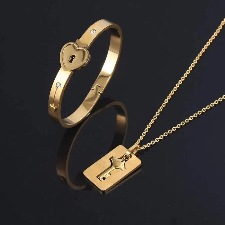 Golden Lock and Key Love Bracelet and Necklace set