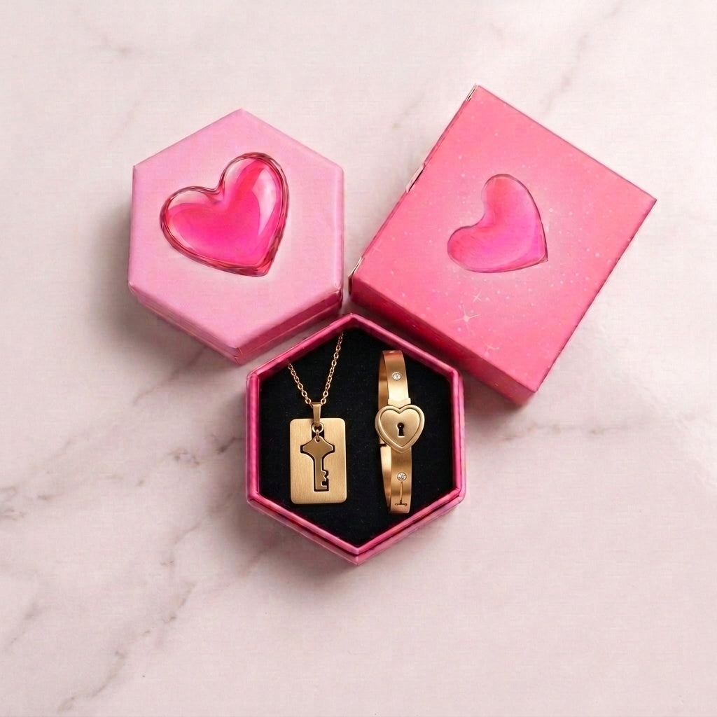Golden Lock and Key Love Bracelet and Necklace set