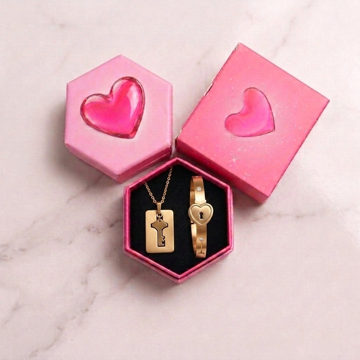 Golden Lock and Key Love Bracelet and Necklace set