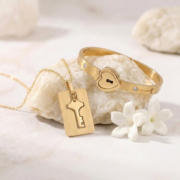 Golden Lock and Key Love Bracelet and Necklace set