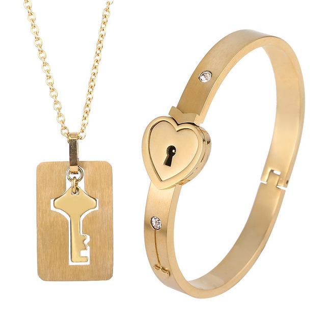 Golden Lock and Key Love Bracelet and Necklace set