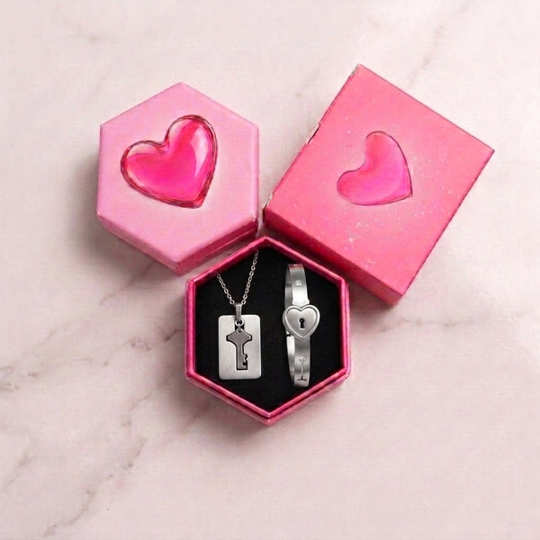 Silver Lock and Key Love Bracelet and Necklace set