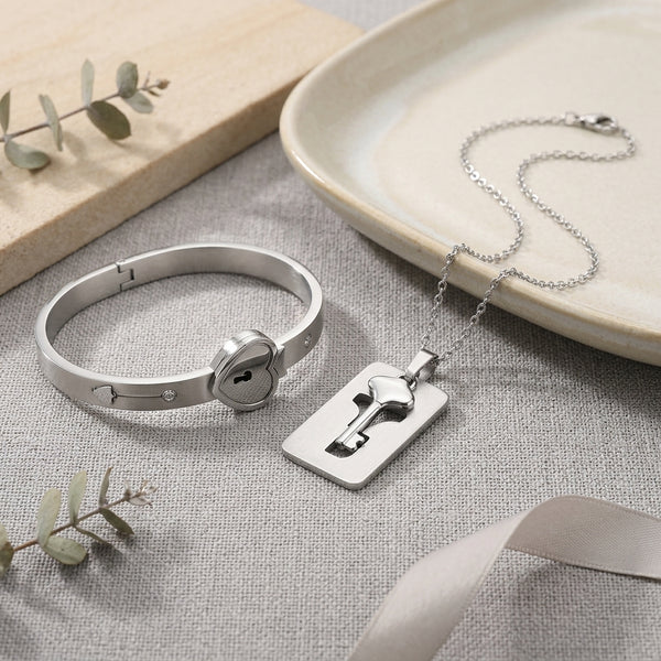 Silver Lock and Key Love Bracelet and Necklace set