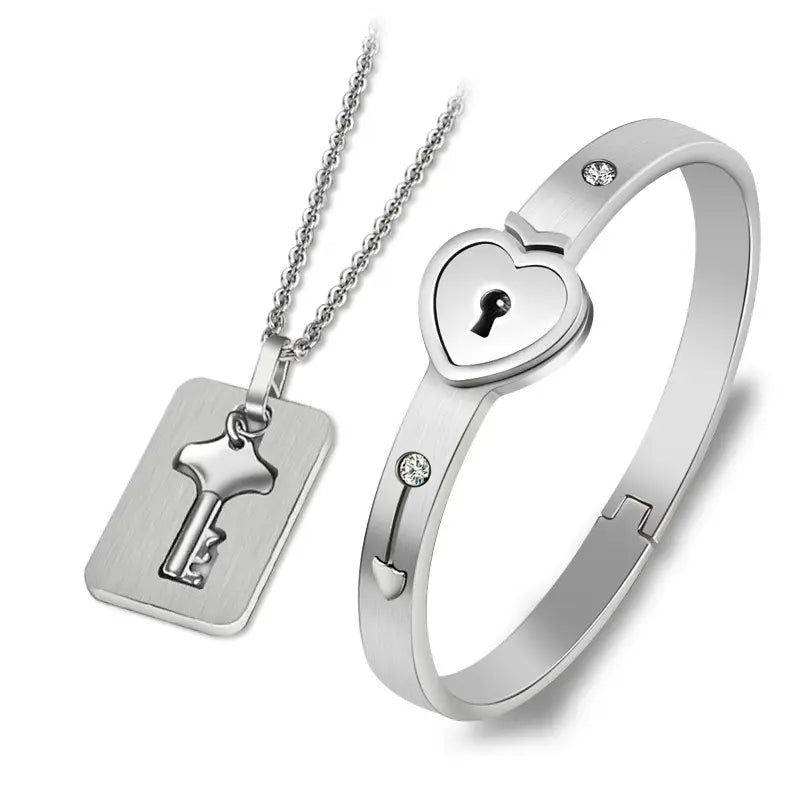 Silver Lock and Key Love Bracelet and Necklace set