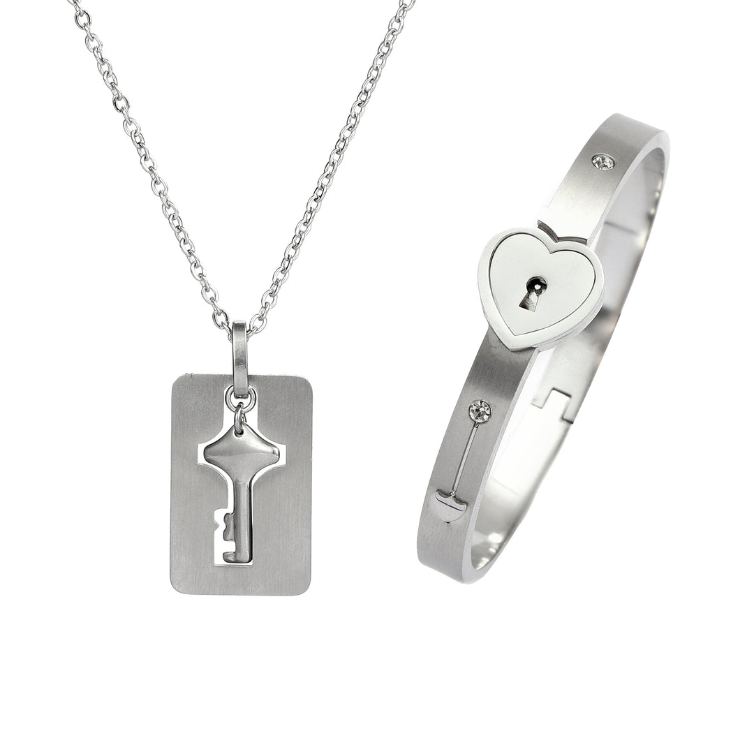 Silver Lock and Key Love Bracelet and Necklace set