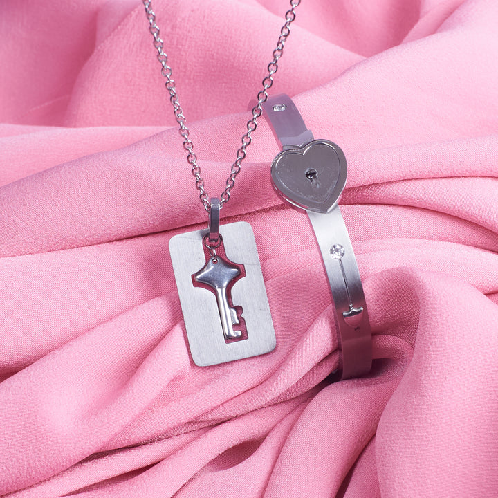 Silver Lock and Key Love Bracelet and Necklace set