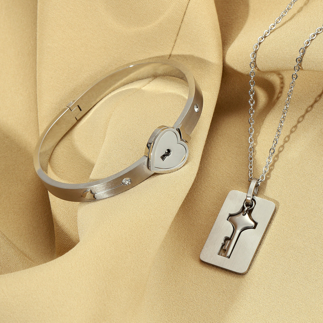 Silver Lock and Key Love Bracelet and Necklace set