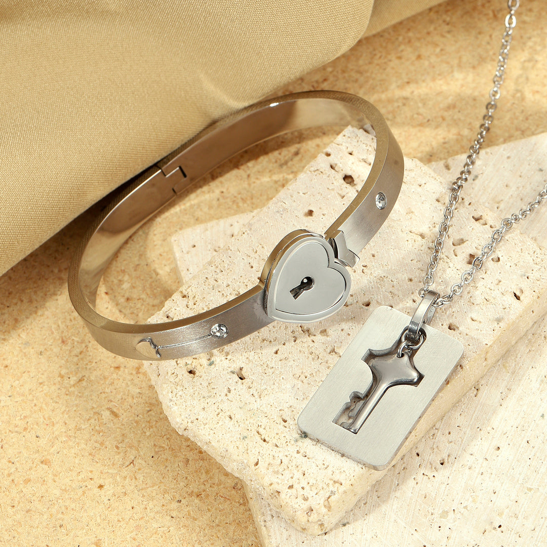 Silver Lock and Key Love Bracelet and Necklace set