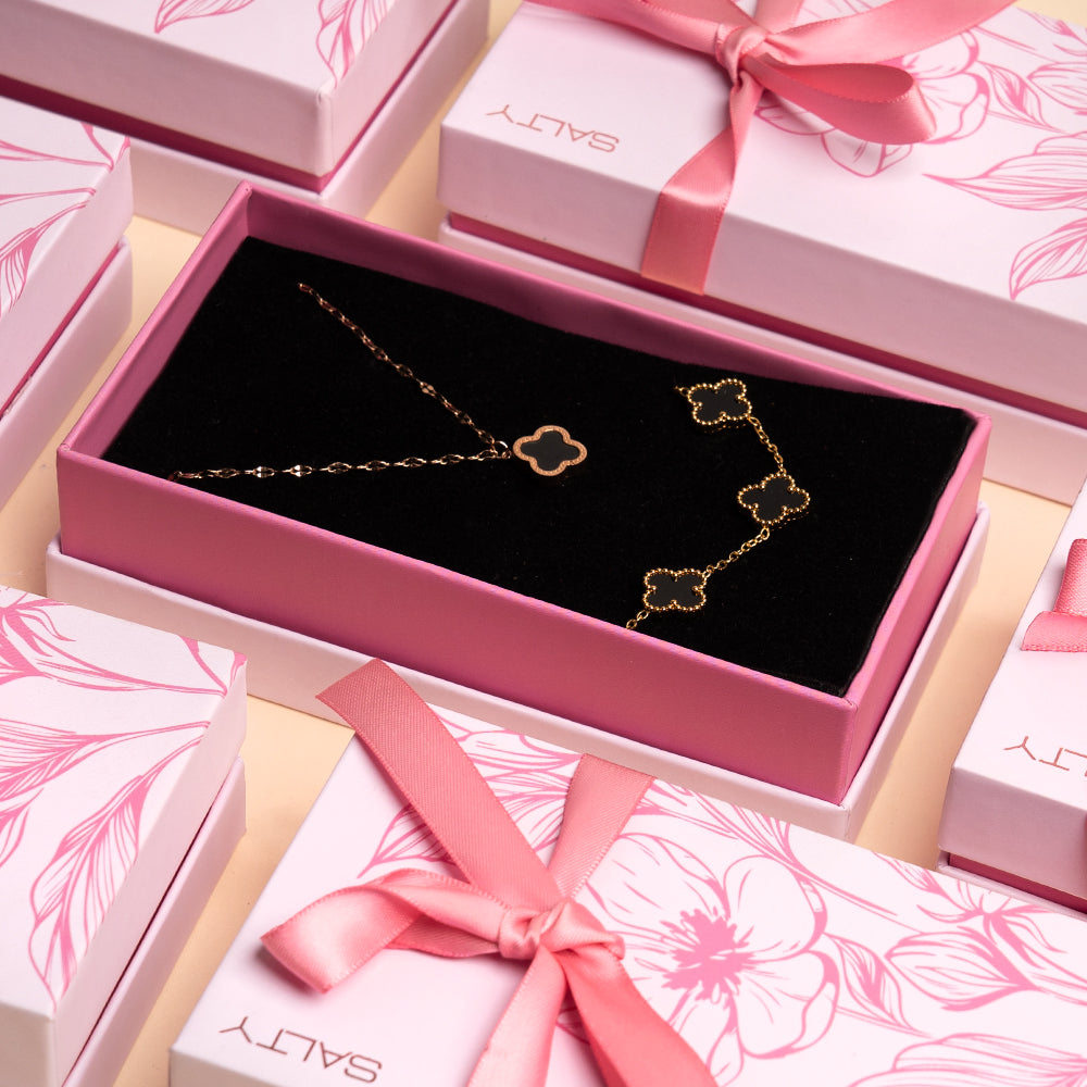 Midnight Clover Bracelet with Classic Clover Pendant Necklace Set