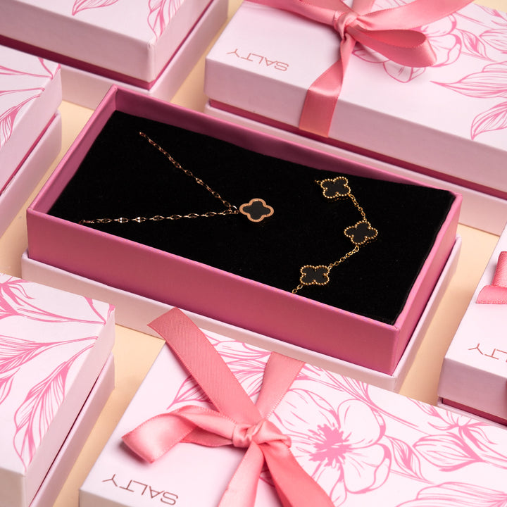 Midnight Clover Bracelet with Classic Clover Pendant Necklace Set