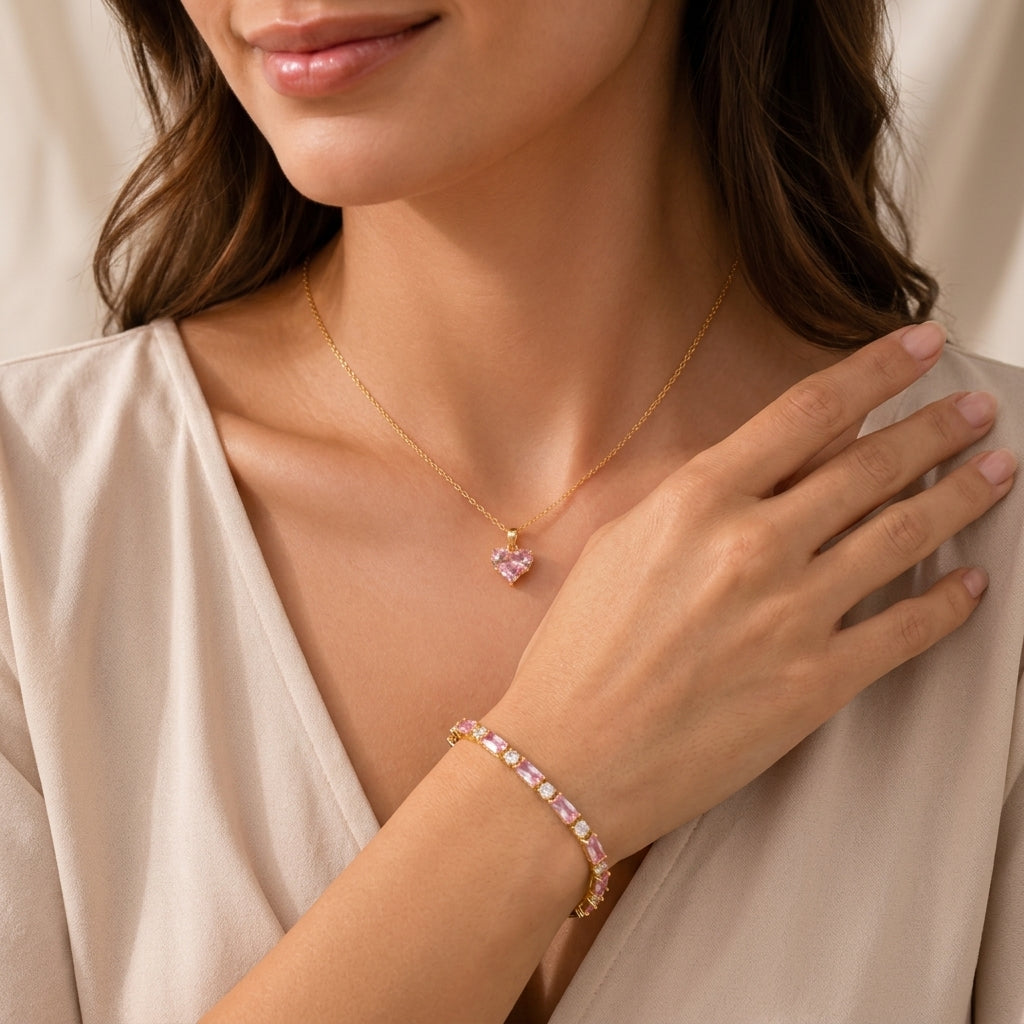 Pink Tennis Bracelet &amp; Heart Necklace Set