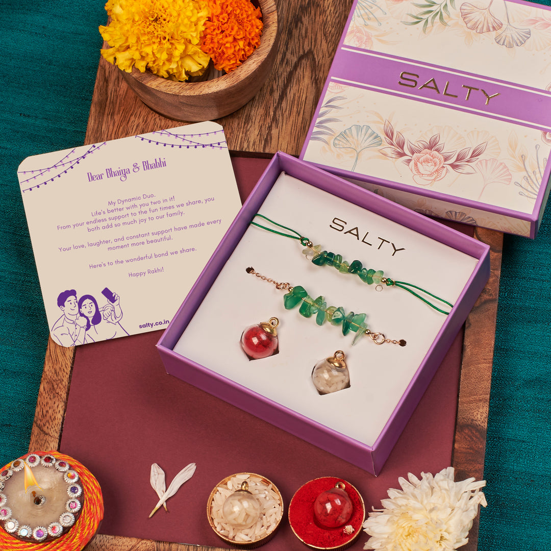 Emerald Love Rakhi for Bhaiya and Bhabhi - Salty Accessories