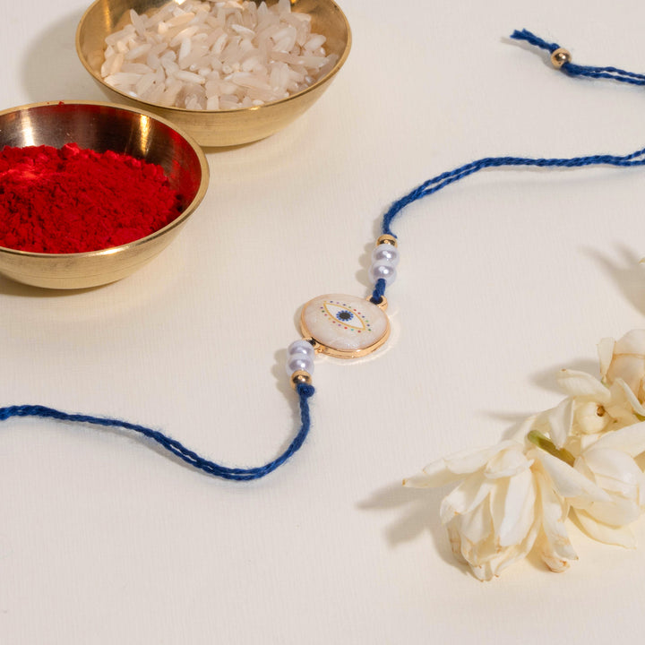 Mens Guardian Gaze Pearl Evil Eye Designer Thread Rakhi for Brother - Pack of 4