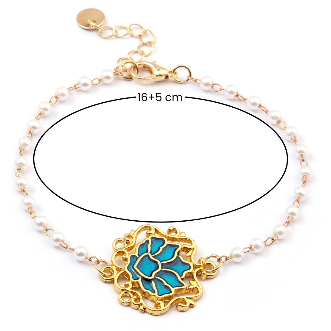 Serenity Lotus Blue Charm Gold Bracelet - Salty Accessories