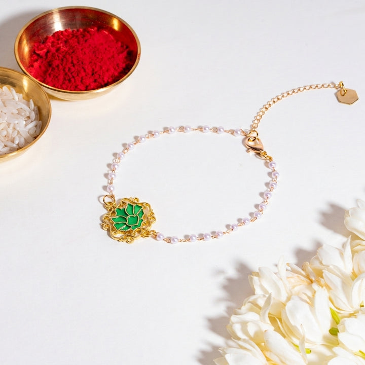 Serenity Lotus Green Charm Gold Bracelet