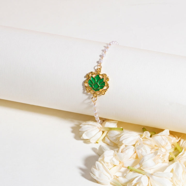 Serenity Lotus Green Charm Gold Bracelet