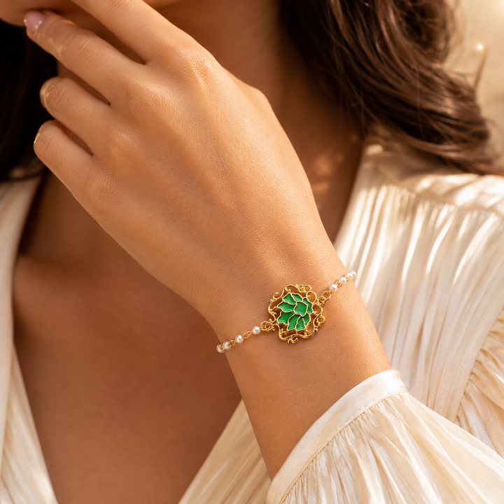 Serenity Lotus Green Charm Gold Bracelet