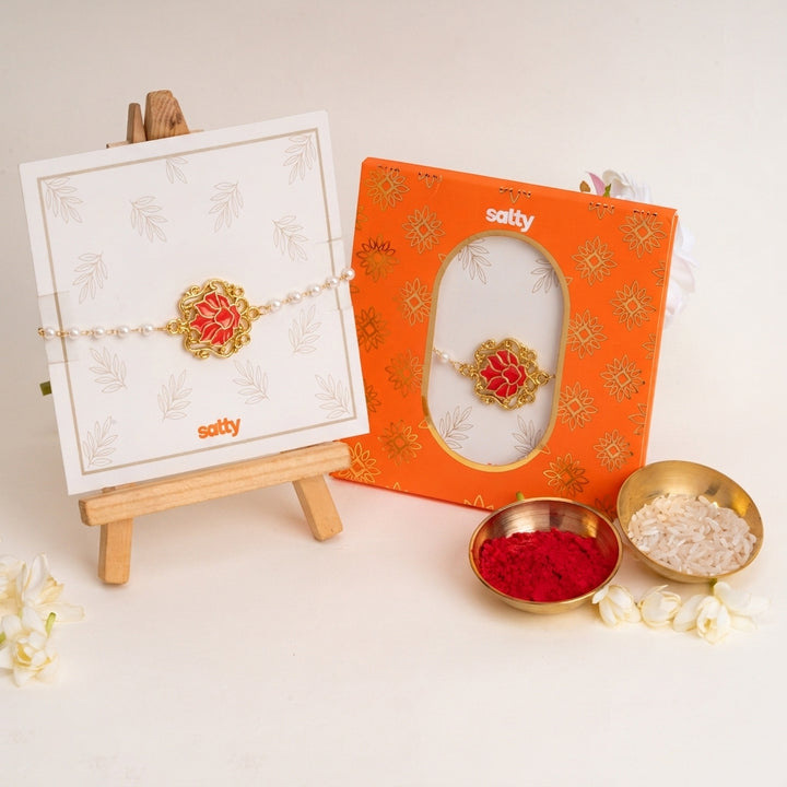 Serenity Lotus Red Charm Gold Bracelet