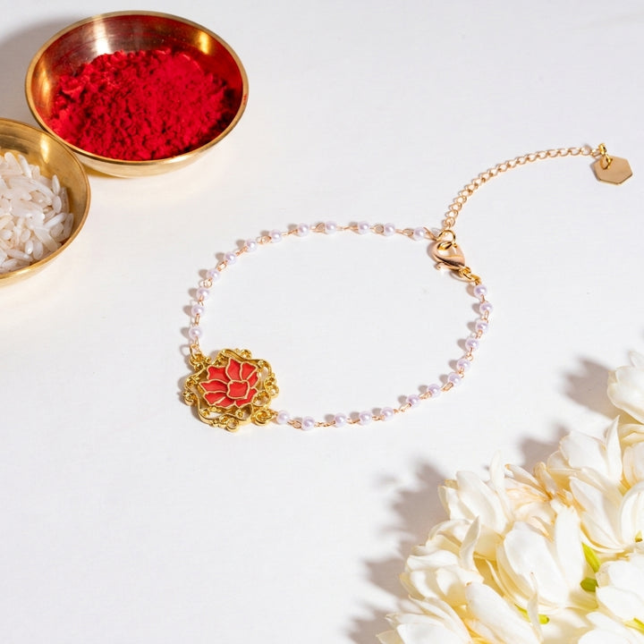 Serenity Lotus Red Charm Gold Bracelet