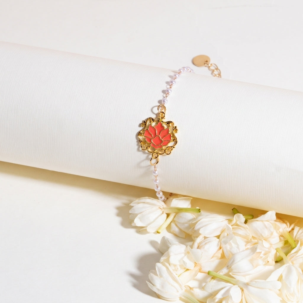 Serenity Lotus Red Charm Gold Bracelet