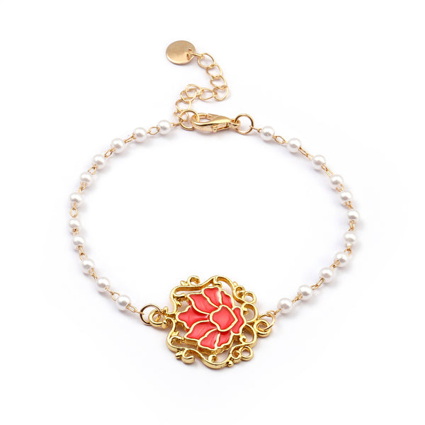 Serenity Lotus Red Charm Gold Bracelet