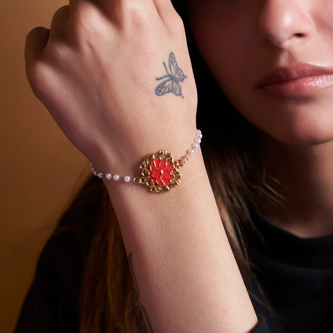 Serenity Lotus Red Charm Gold Bracelet