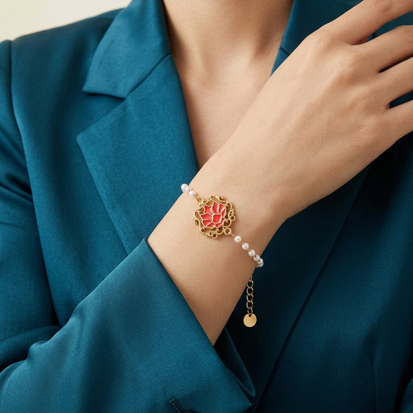 Serenity Lotus Red Charm Gold Bracelet