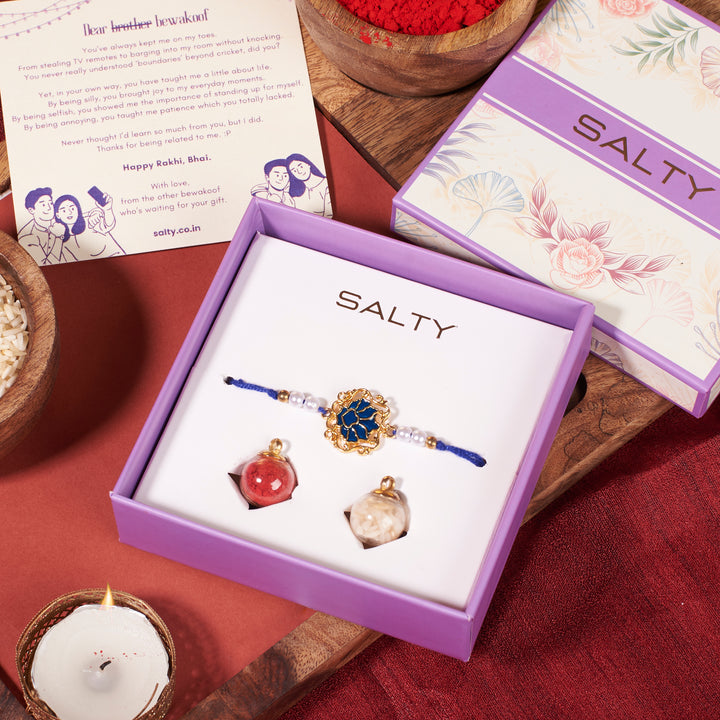 Tranquil Blue Lotus Pearl Rakhi - Salty Accessories