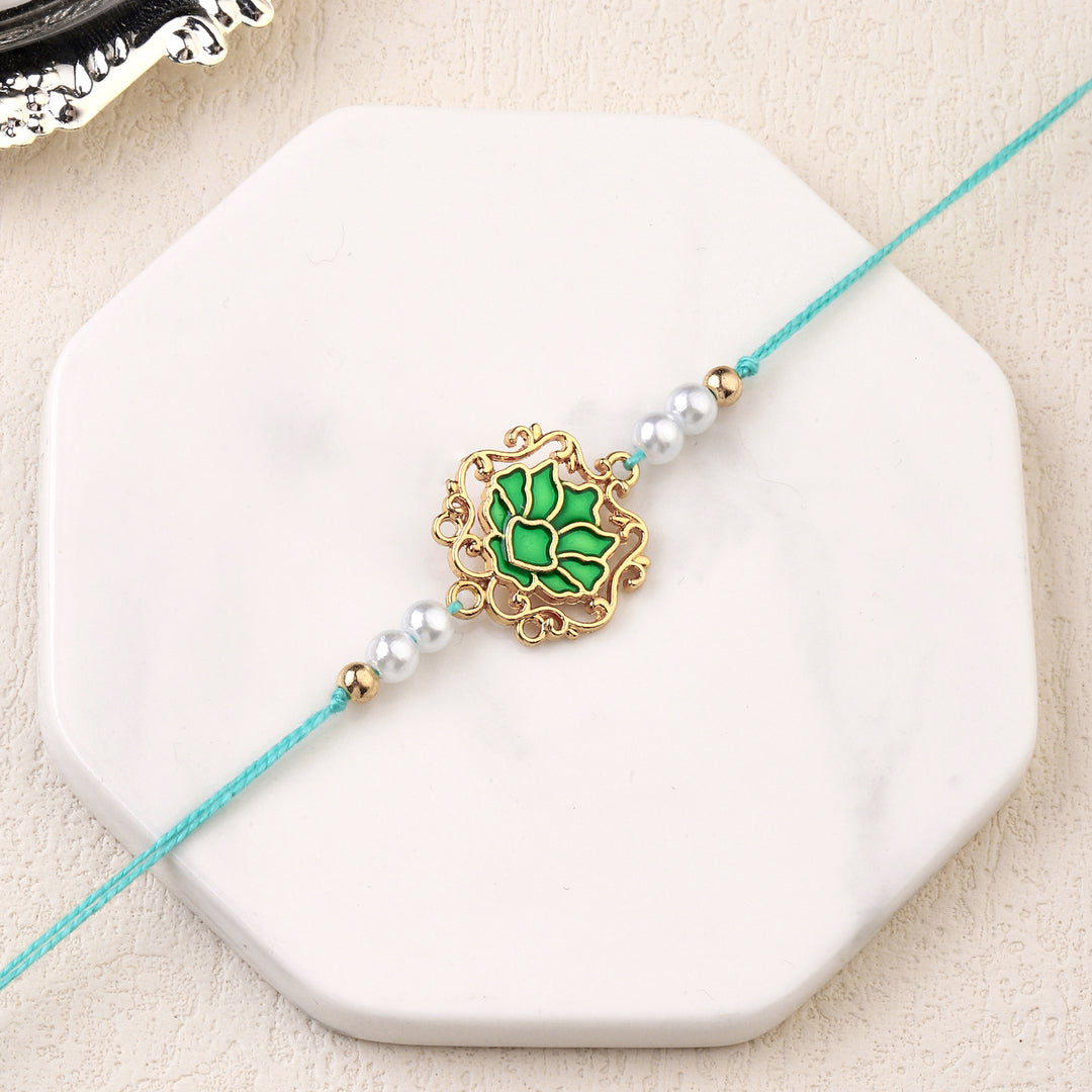 Tranquil Green Lotus Pearl Rakhi - Salty Accessories