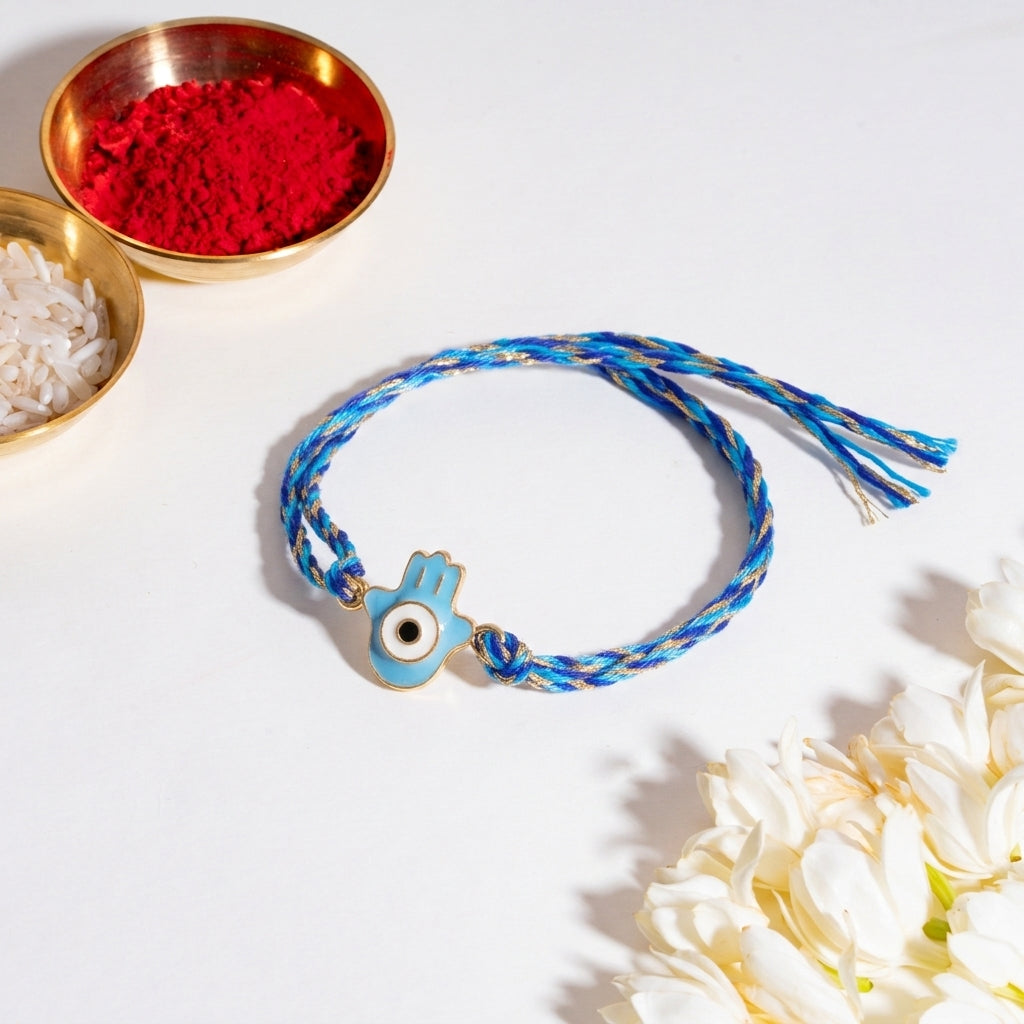 Minimal Evil Eye Hamsa Rakhi - Light Blue