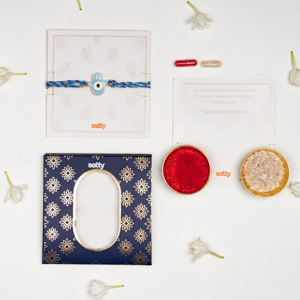 Minimal Evil Eye Hamsa Rakhi - Light Blue