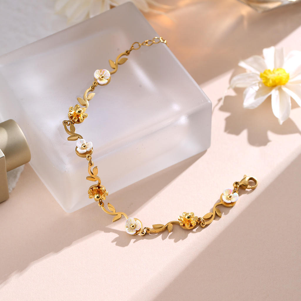 Golden Floral Petal Trail Bracelet - Gold & White
