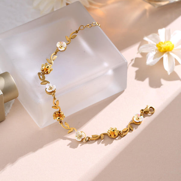 Golden Floral Petal Trail Bracelet - Gold & White