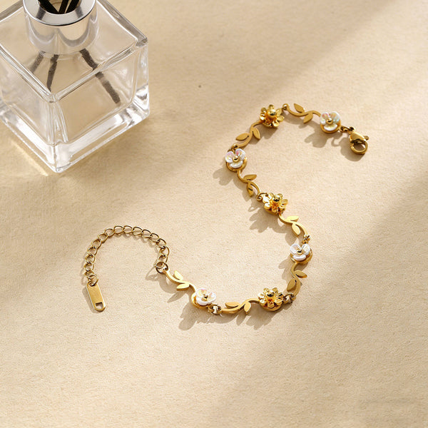 Golden Floral Petal Trail Bracelet - Gold & White