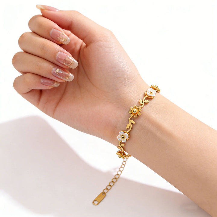 Golden Floral Petal Trail Bracelet - Gold & White
