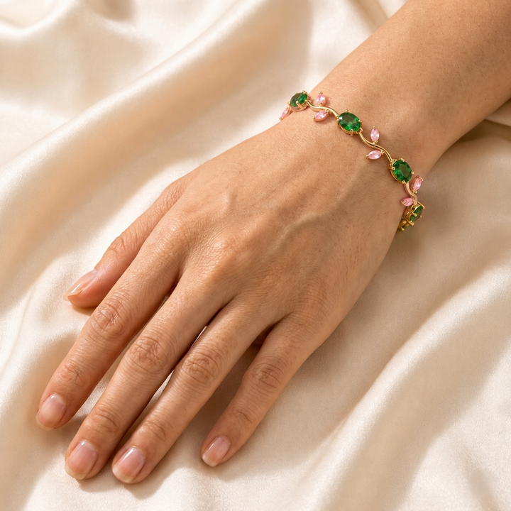 Tulip Crystal Vine Bracelet - (Gold-Green-Pink)