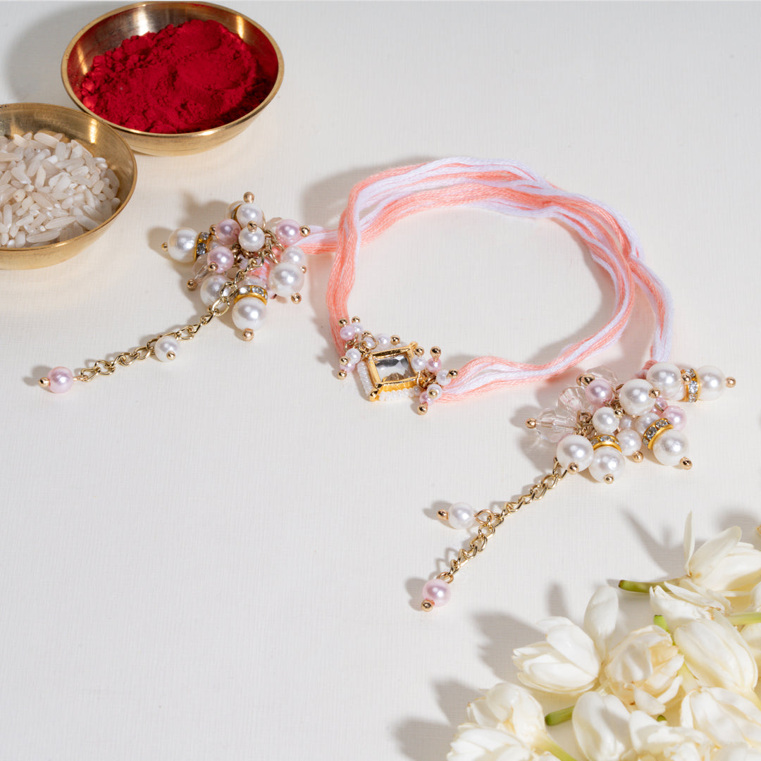 Pearly Kundan Lumba Bandhan Rakhi For Bhabhi