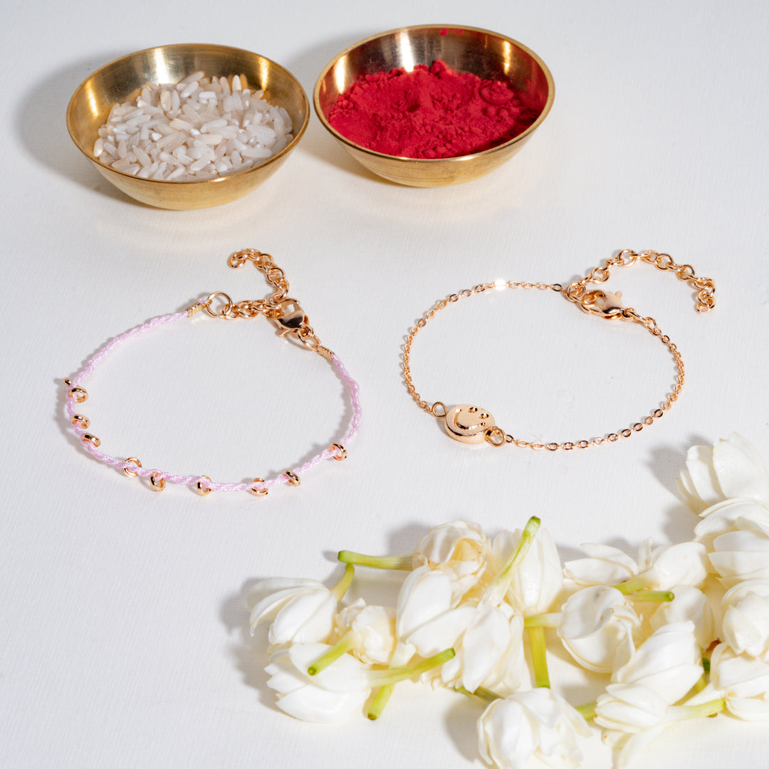 Smiley and Pink Beaded Raki Bandhan Lumba Rakhi For Bhaiya and Bhabhi