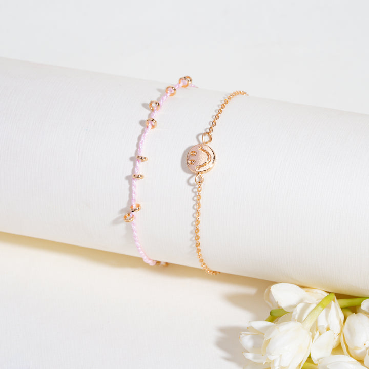 Smiley and Pink Beaded Raki Bandhan Lumba Rakhi For Bhaiya and Bhabhi