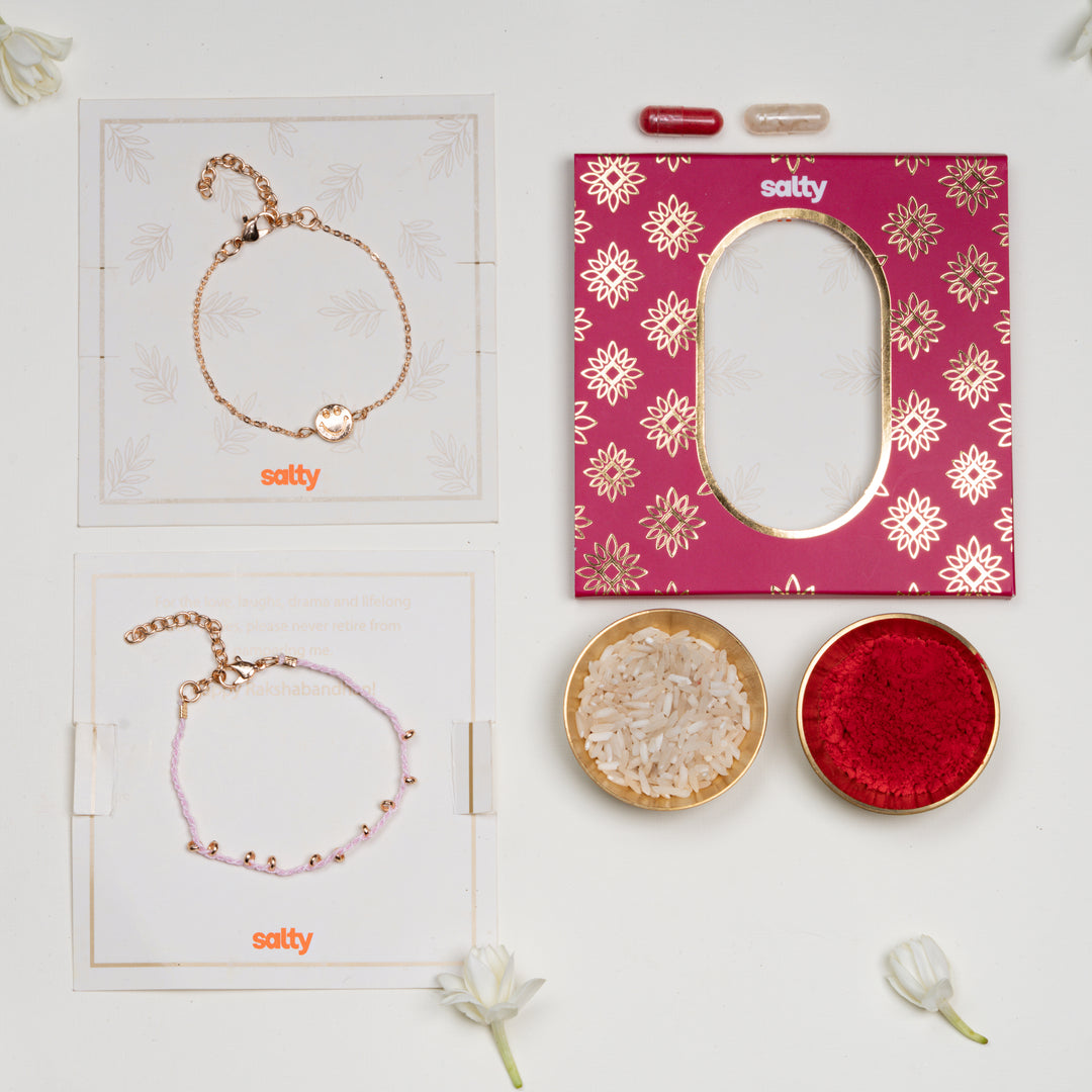 Smiley and Pink Beaded Raki Bandhan Lumba Rakhi For Bhaiya and Bhabhi