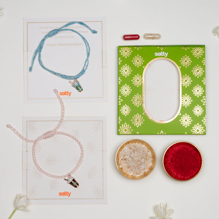 Enamel Coffee Blue and Coffee Pink Rakhi Bandhan Lumba Rakhi For Bhaiya and Bhabhi