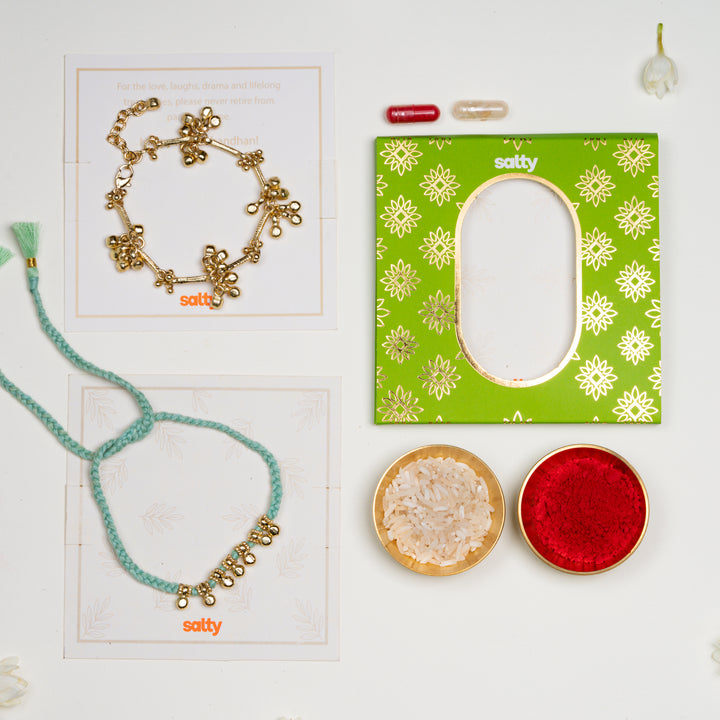 Gold and Mint Ghungroo Rakhi Bandhan Lumba Rakhi For Bhaiya and Bhabhi