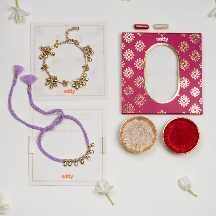 Gold and Lilac Ghungroo Rakhi for Bhaiya and Bhabhi