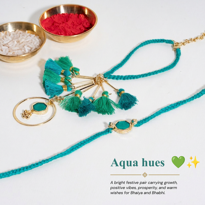 Enamel Green and Enamel Turqouise Rakhi Bandhan Lumba Rakhi For Bhaiya and Bhabhi