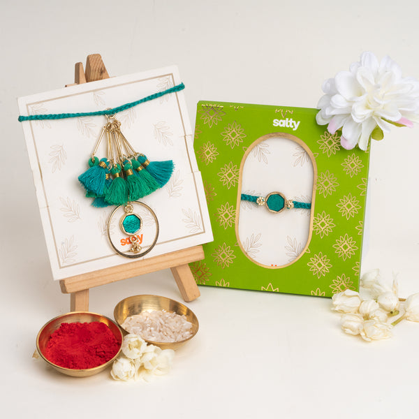 Enamel Green and Enamel Turqouise Rakhi Bandhan Lumba Rakhi For Bhaiya and Bhabhi