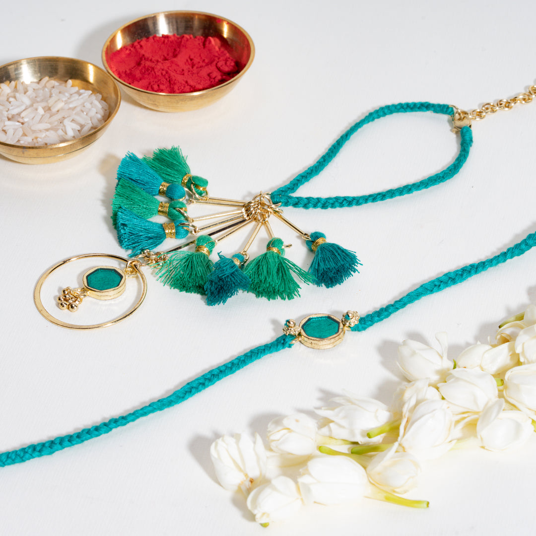 Enamel Green and Enamel Turqouise Rakhi Bandhan Lumba Rakhi For Bhaiya and Bhabhi