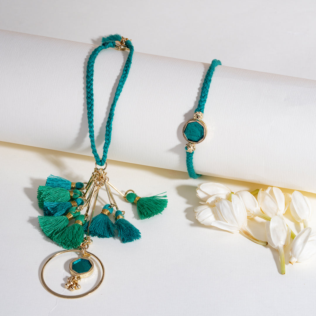 Enamel Green and Enamel Turqouise Rakhi Bandhan Lumba Rakhi For Bhaiya and Bhabhi