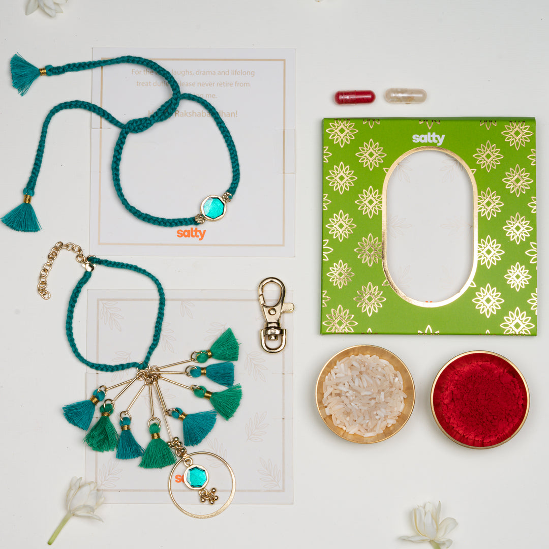 Enamel Green and Enamel Turqouise Rakhi Bandhan Lumba Rakhi For Bhaiya and Bhabhi